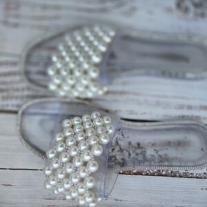 Pearl Slide Sandals Clear Jelly Flats – Chic Summer Slip On Shoes Size 9